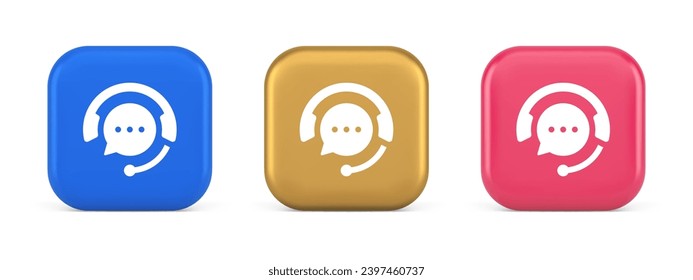 Customer support live chat service button information messaging conversation consulting 3d realistic blue gold and pink icons. Online messenger dialogue cyberspace assistance