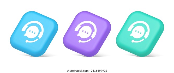 Customer support live chat service button information messaging conversation consulting 3d realistic blue purple and green icons. Online messenger dialogue cyberspace assistance