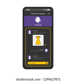 Customer support live chat smartphone interface vector template. Mobile app page black design layout. Marketplace client tech service screen. Flat UI. Shopping application online help phone display