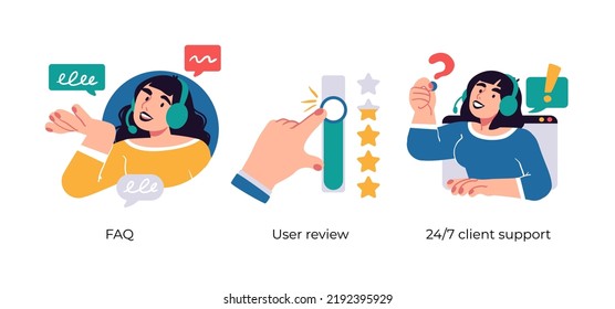 Customer support and loyalty program- abstract business concept illustrations. FAQ, User review, Client support. Visual stories collection
