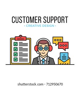 Customer support. Man with headset, clipboard, check marks, email, chat. Flat design line banner. Modern graphic elements, thin line icons for web banners, web sites, infographics. Vector illustration