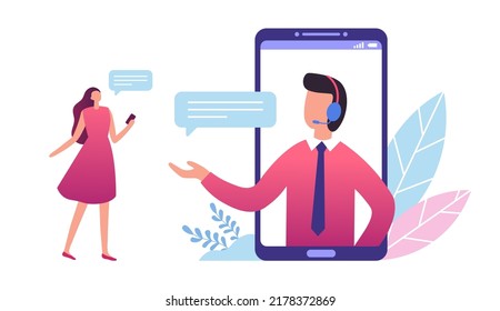 Customer support. Man providing help to female client via smartphone. Male person in headset talking on mobile phone and assisting girl. Agent consulting online via chat messages vector