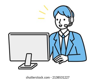 Customer Support. A man wearing a headset in front of a computer. Concept illustration of a call center.