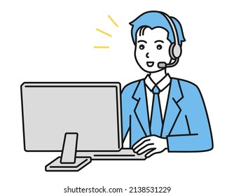 Atención al cliente. Un hombre con un auricular delante de una computadora. Ilustración conceptual de un centro de llamadas.