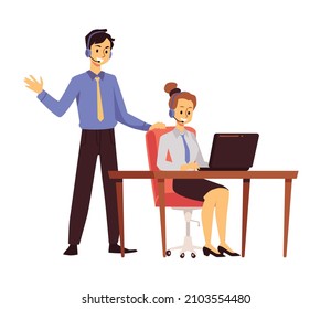 Soporte al cliente a los operadores de hombres y mujeres con auriculares y laptop, ilustración vectorial plana aislada en blanco. Concepto de trabajo en equipo en la oficina del centro de llamadas.