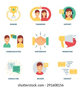 Customer support and management vector icons set modern flat style