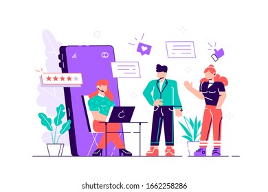 Customer support manager, online consultant, call center specialist wearing headphones sitting at computer, five star rating and group of clients standing in queue. Flat colorful vector illustration.