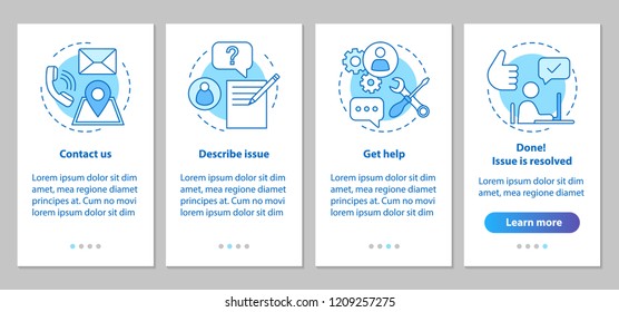 Customer support onboarding mobile app page screen with linear concepts. Customer service. Client manger steps graphic instructions. UX, UI, GUI vector template with illustrations