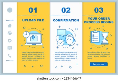 Customer support onboarding mobile web pages vector template. Upload file, confirmation, order processing. Digital service. Responsive smartphone website interface. Webpage walkthrough step screens