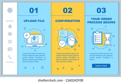 Customer support onboarding mobile web pages vector template. Upload file, confirmation, order processing. Digital service. Responsive smartphone website interface. Webpage walkthrough step screens