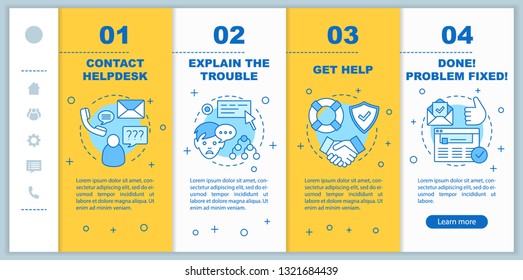 Customer support onboarding mobile web pages vector template. Customer service. Client manger. Helpdesk. Responsive smartphone website interface. Webpage walkthrough step screens. Color concept