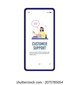Customer support onboarding page template with phone operator, flat cartoon vector illustration. Online shop clients service and telemarketing mobile app.