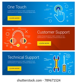 Customer Support. One Touch. Technical Support. Line Art Flat Design Illustration. Vector Web Banners Concepts