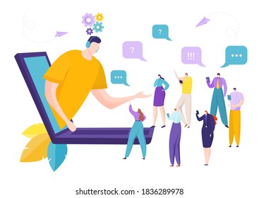 Asistente de asistencia al cliente en línea, ilustración vectorial del servicio de centro de llamadas. Ayuda de comunicación comercial para cliente por portátil. Tecnología de chat de hombre mujer, contacto profesional de trabajo.
