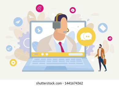 Customer Support Online, Call Center for Company Clients Flat Vector Concept. Man Asking Question, Searching Technical Advice, Messaging to Helpline, Communicating with Operator Online Illustration