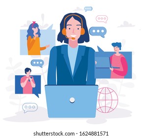 Customer support, online chat, people in chat bubble, woman with notebook taking with customers, client support. Vector illustration for web banner, infographics, mobile