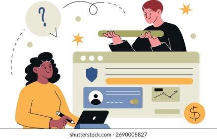 Asistencia al cliente y concepto de comunicación en línea. Gente amigable que ayuda con servicios digitales, asistencia de Sitio web y resolución de problemas.
