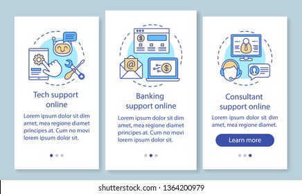 Customer support online onboarding mobile app page screen with linear concepts. Tech, banking, consultant support walkthrough steps graphic instructions. UX, UI, GUI vector template with illustrations