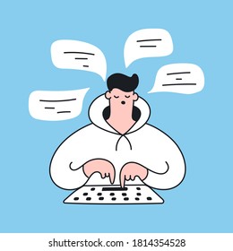 IT customer support, Online sales, Social Media Manager. Writing a message concept. Cute cartoon guy is typing a message, chatting with someone, communicates in social networks or through a messenger