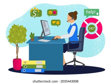Customer support online service, vector illustration. Operator woman character get call in office, assistant help people by phone.