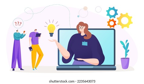 Servicio de soporte al cliente en línea, ilustración vectorial, personaje de asistente enorme sostiene bombilla de ideas en el portátil, el pequeño trabajador tiene preguntas.