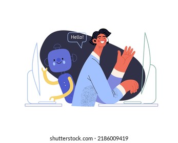 Customer support -Online shopping and electronic commerce series -modern flat vector concept illustration of an operator and bot greeting a client. Promotion, discounts, sale and online orders concept