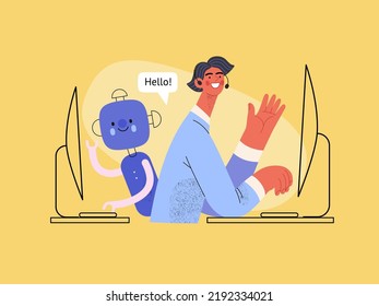 Customer support -Online shopping and electronic commerce series -modern flat vector concept illustration of an operator and bot greeting a client. Promotion, discounts, sale and online orders