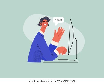 Customer support - Online shopping and electronic commerce series - modern flat vector concept illustration of a male operator greeting a client. Promotion, discounts, sale and online orders concept