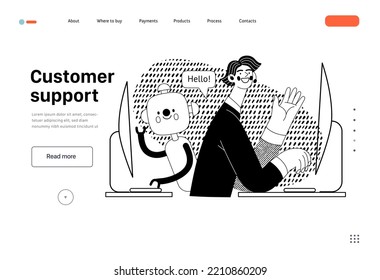 Soporte al cliente - Plantilla web de compras y comercio electrónico en línea - moderna ilustración vectorial plana de un operador y bot saludando a un cliente. Concepto de promoción, descuentos, ventas y pedidos online
