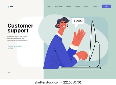 Customer support - Online shopping and electronic commerce web template - modern flat vector concept illustration of male operator greeting client. Promotion, discounts, sale and online orders concept