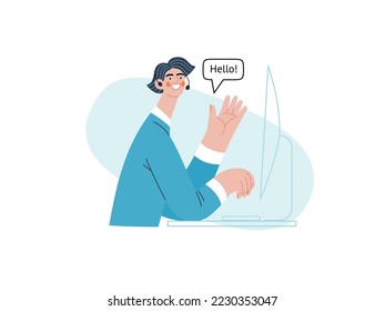 Customer support - Online shopping and electronic commerce series - modern flat vector concept illustration of a male operator greeting a client. Promotion, discounts, sale and online orders concept