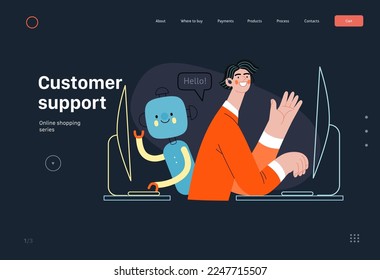 Asistencia al cliente -Serie de compras en línea y comercio electrónico- moderna ilustración de un vector plano de un operador y un bot saludando a un cliente. Concepto de promoción, descuentos, ventas y pedidos online