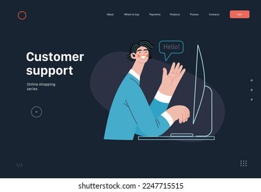 Customer support - Online shopping and electronic commerce series - modern flat vector concept illustration of a male operator greeting a client. Promotion, discounts, sale and online orders concept