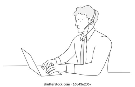 Customer support operator with hands-free and laptop. Hand drawn vector illustration.