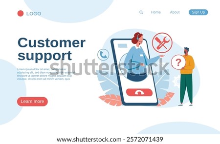 Customer support operator helping client with technical issue using smartphone application, providing online assistance, solving problems, giving advice and instruction