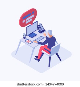 Customer support operator isometric illustration. Male consultant, employee, programmer, project manager, office worker working on computer at call center. 3d cartoon character sitting at desk