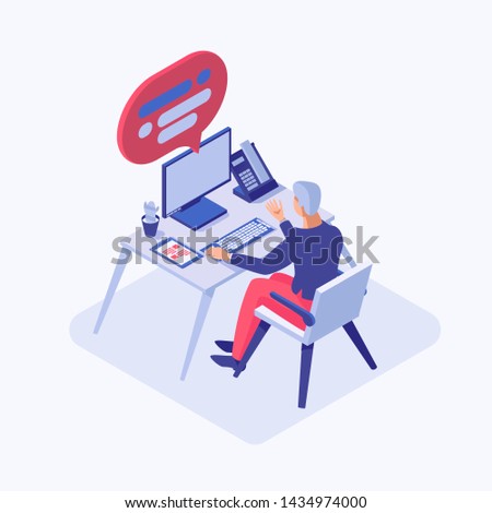 Customer support operator isometric illustration. Male consultant, employee, programmer, project manager, office worker working on computer at call center. 3d cartoon character sitting at desk
