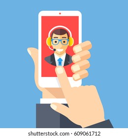 Customer support operator on smartphone screen. Technical support, customer service concepts. Hand holding smartphone, finger touching screen. Modern flat design graphic elements. Vector illustration.