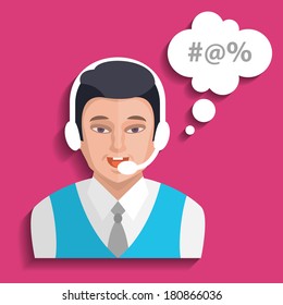 Customer support operator with smile on his face and bad thoughts in his mind. Vector illustration eps 10.