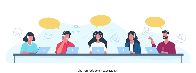 Customer support operators. Call center employees help clients, helpdesk concept office men and women with headset give professional advice. People answering to clients and buyers questions vector set