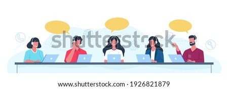 Customer support operators. Call center employees help clients, helpdesk concept office men and women with headset give professional advice. People answering to clients and buyers questions vector set