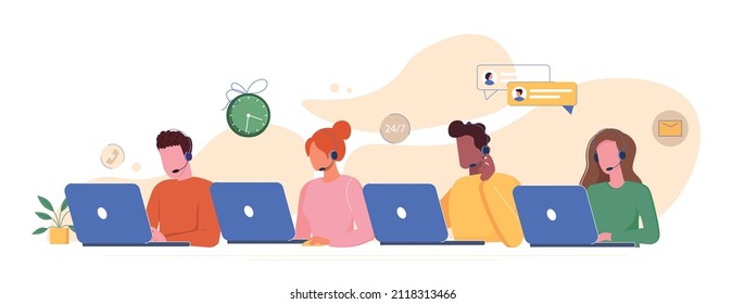 Customer support. People with headphones and microphone with laptop. Call center, hotline, support service staff, help, call center.  Multinational, diverse team. Vector illustration in flat style.