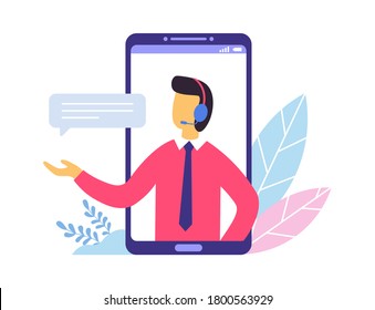 Customer support. Person advisor and helpful advice services. Man providing personal assistance to clients from smartphone screen. Operator in headphones with bubble speech vector illustration