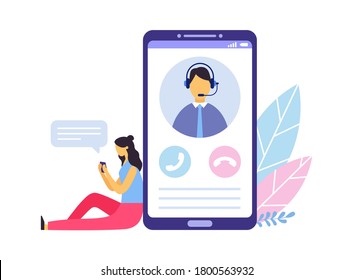 Asistencia al cliente. Asesoramiento personal y servicios de asesoramiento útiles. Mujer sentada al lado de un gran smartphone y charlando con su asistente personal. Pantalla con operador en ilustración vectorial de auriculares con micrófono