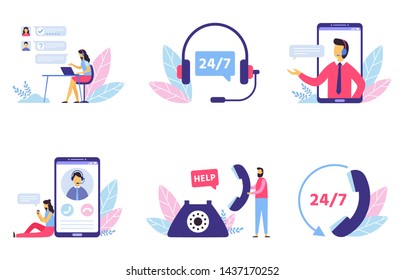 Customer support. Personal assistant service, person advisor and helpful advice services. Social media network services, online supporter agents. Isolated flat vector illustration icons set - Shutterstock ID 1437170252
