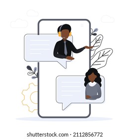 Customer support. Personal assistant service. Social media network services, online supporter agents. Isolated flat vector illustration with african man.