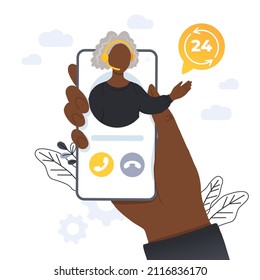 Customer Support. Personal Assistant Service. Social Media Network Services, Online Supporter Agents. Isolated Flat Vector Illustration With Old Black Woman. Work For Elderly People.