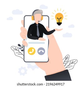 Customer support. Personal assistant service. Social media network services, online supporter agents. Isolated flat vector illustration with old white man. Work for elderly people.