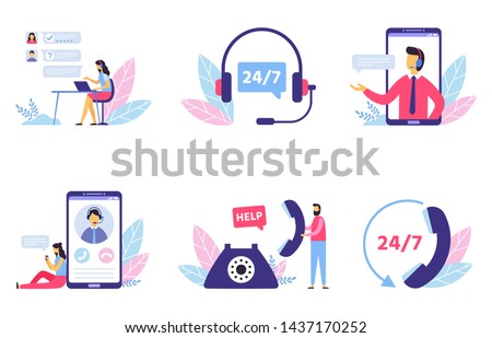 Customer support. Personal assistant service, person advisor and helpful advice services. Social media network services, online supporter agents. Isolated flat vector illustration icons set