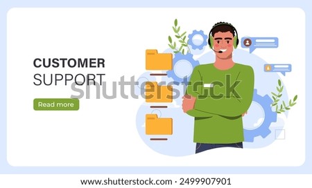 Customer support poster. Man in headset next to file folders. Technical support and answers to questions. Call center operator and hotline. Landing webpage design. Flat vector illustration